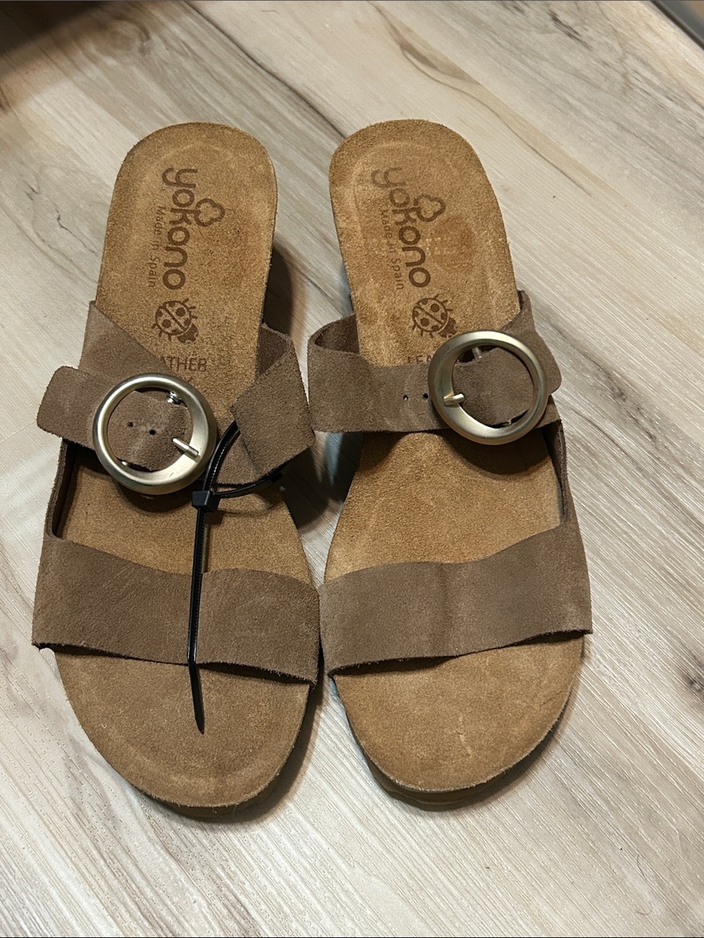 Yokono Tan Suede Slide Sandals with Decorative Buckle